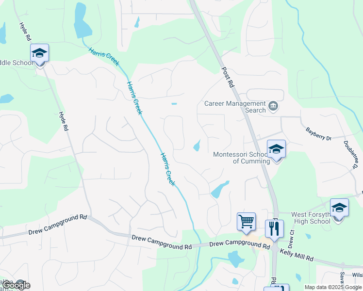 map of restaurants, bars, coffee shops, grocery stores, and more near 4510 Azurite Street in Cumming