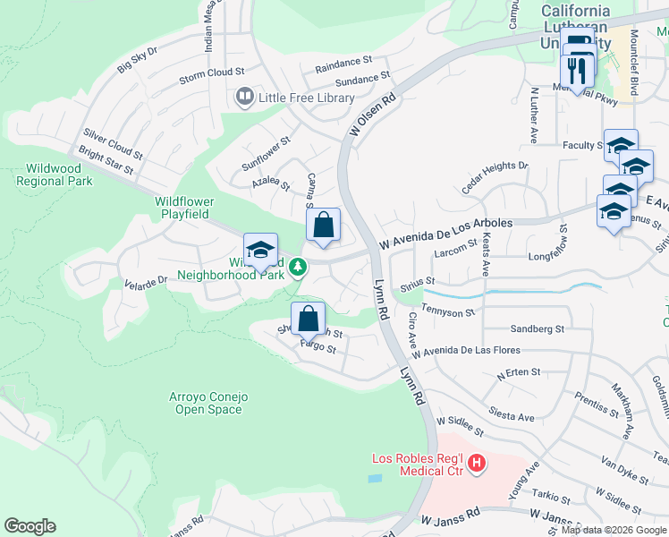 map of restaurants, bars, coffee shops, grocery stores, and more near 2678 La Paloma Circle in Thousand Oaks