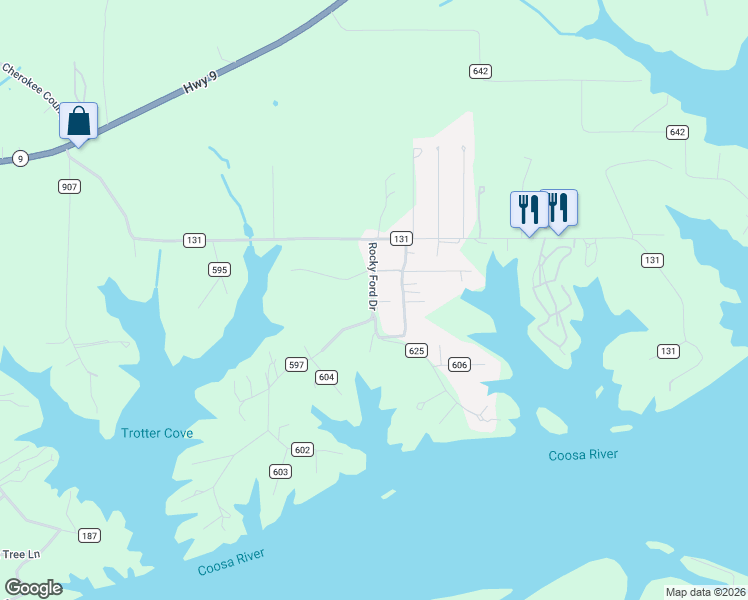 map of restaurants, bars, coffee shops, grocery stores, and more near 1015 Rocky Ford Drive in Cedar Bluff