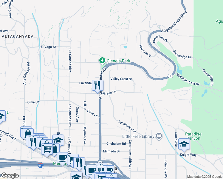map of restaurants, bars, coffee shops, grocery stores, and more near 915 Green Lane in La Cañada Flintridge