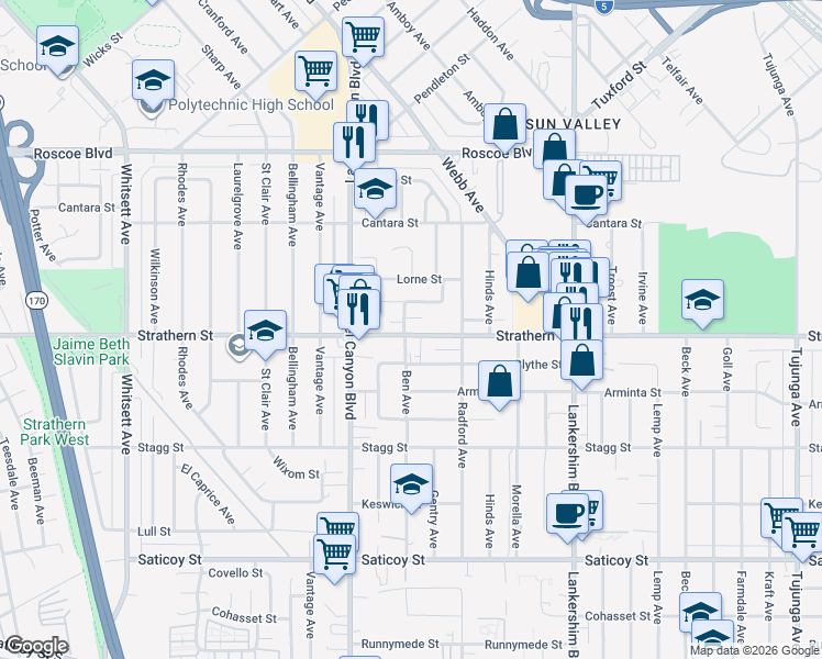 map of restaurants, bars, coffee shops, grocery stores, and more near 11936 Ratner Street in Los Angeles