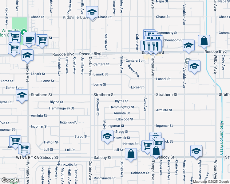 map of restaurants, bars, coffee shops, grocery stores, and more near 19512 Lorne Street in Los Angeles