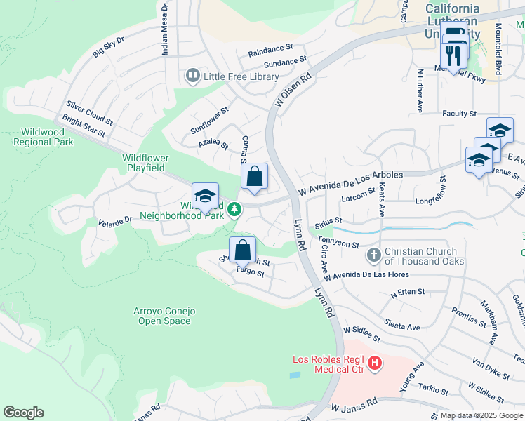 map of restaurants, bars, coffee shops, grocery stores, and more near 2676 La Paloma Circle in Thousand Oaks