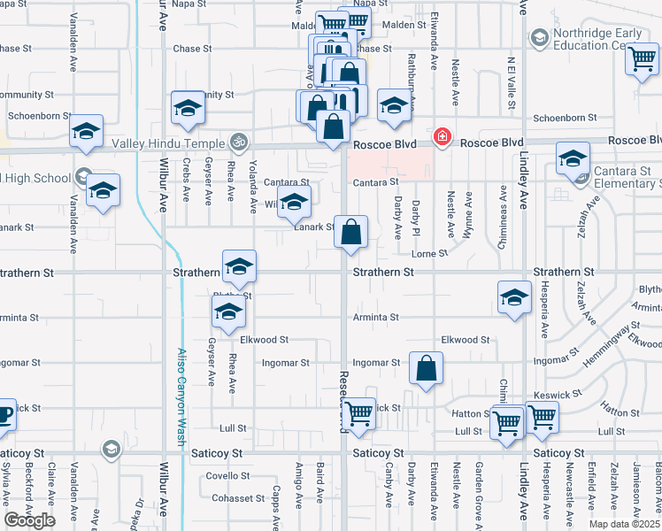 map of restaurants, bars, coffee shops, grocery stores, and more near 8025 Reseda Boulevard in Los Angeles
