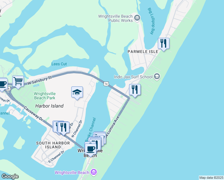 map of restaurants, bars, coffee shops, grocery stores, and more near 24 West Salisbury Street in Wrightsville Beach