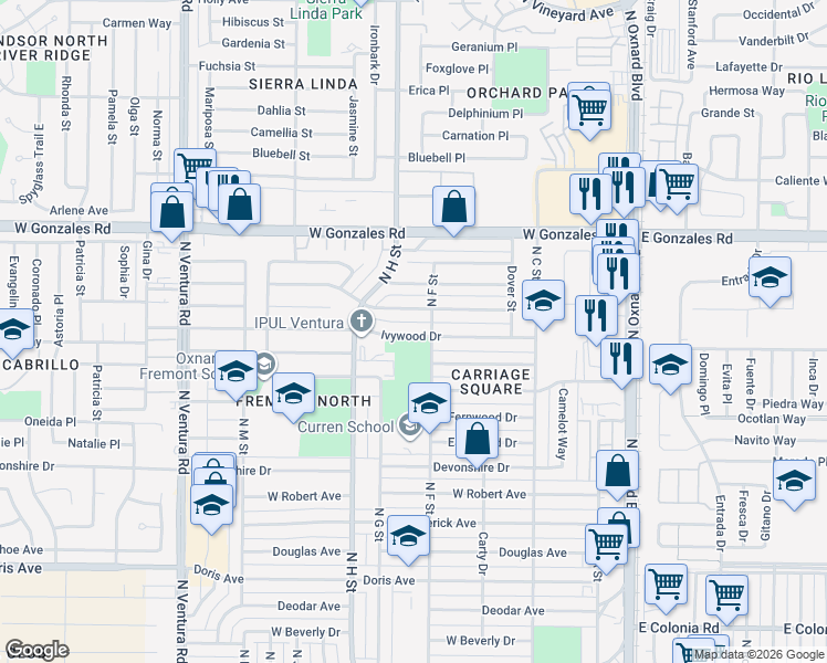 map of restaurants, bars, coffee shops, grocery stores, and more near 723 Ivywood Drive in Oxnard