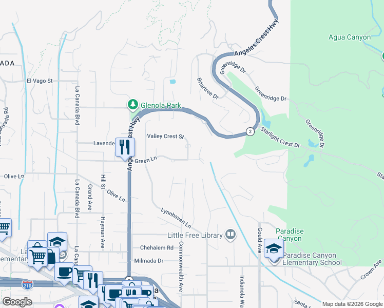 map of restaurants, bars, coffee shops, grocery stores, and more near 5116 Greencrest Road in La Cañada Flintridge