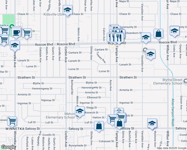 map of restaurants, bars, coffee shops, grocery stores, and more near 8037 Tunney Avenue in Los Angeles