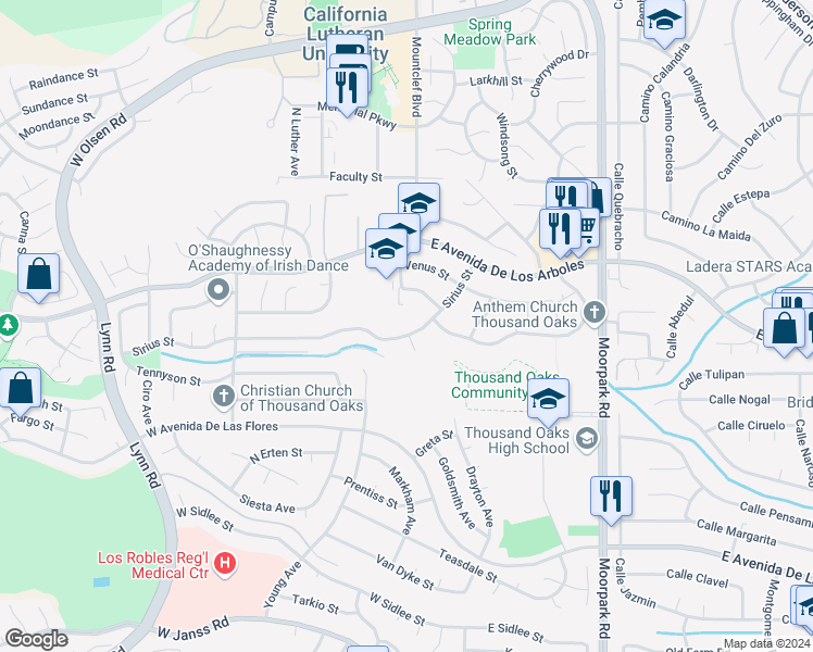 map of restaurants, bars, coffee shops, grocery stores, and more near 2651 Sirius Street in Thousand Oaks