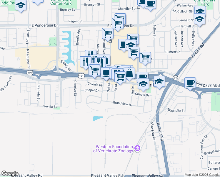 map of restaurants, bars, coffee shops, grocery stores, and more near 2050 Ventura Boulevard in Camarillo