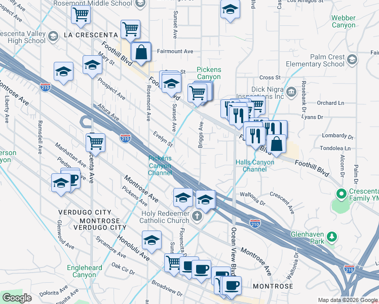 map of restaurants, bars, coffee shops, grocery stores, and more near 2424 Prospect Avenue in La Crescenta-Montrose
