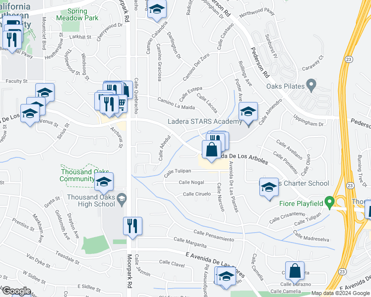 map of restaurants, bars, coffee shops, grocery stores, and more near 834 East Avenida De Los Arboles in Thousand Oaks