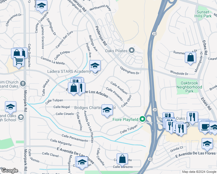 map of restaurants, bars, coffee shops, grocery stores, and more near 1321 Calle Pimiento in Thousand Oaks