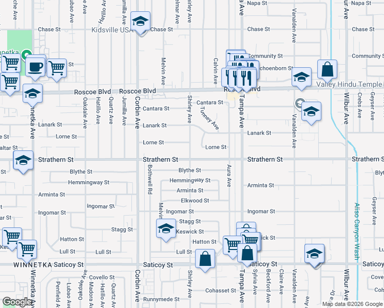 map of restaurants, bars, coffee shops, grocery stores, and more near 8004 Shirley Avenue in Los Angeles