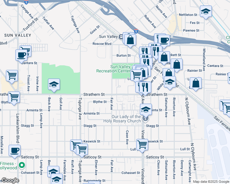 map of restaurants, bars, coffee shops, grocery stores, and more near 11145 Strathern Street in Los Angeles