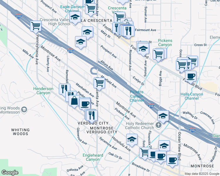 map of restaurants, bars, coffee shops, grocery stores, and more near 2665 Mayfield Avenue in La Crescenta-Montrose