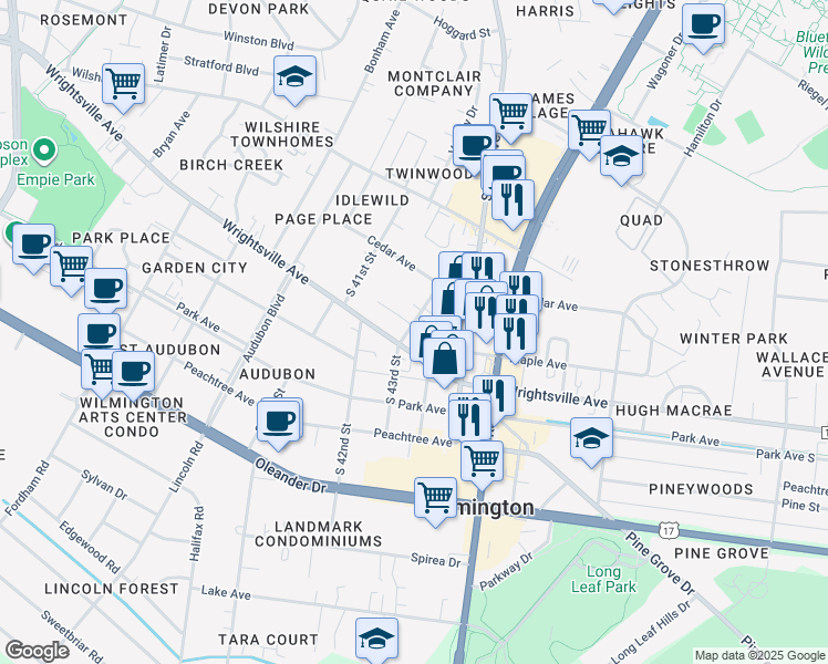 map of restaurants, bars, coffee shops, grocery stores, and more near 1033 South 43rd Street in Wilmington