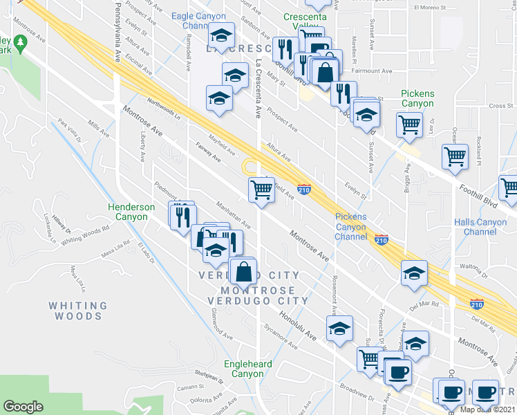 map of restaurants, bars, coffee shops, grocery stores, and more near La Crescenta Avenue & Montrose Avenue in Glendale