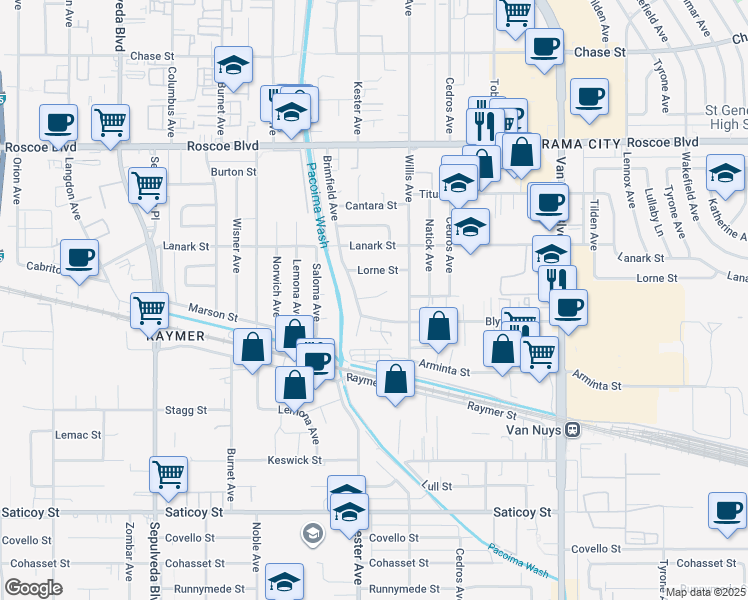 map of restaurants, bars, coffee shops, grocery stores, and more near 14827 Strathern Street in Los Angeles
