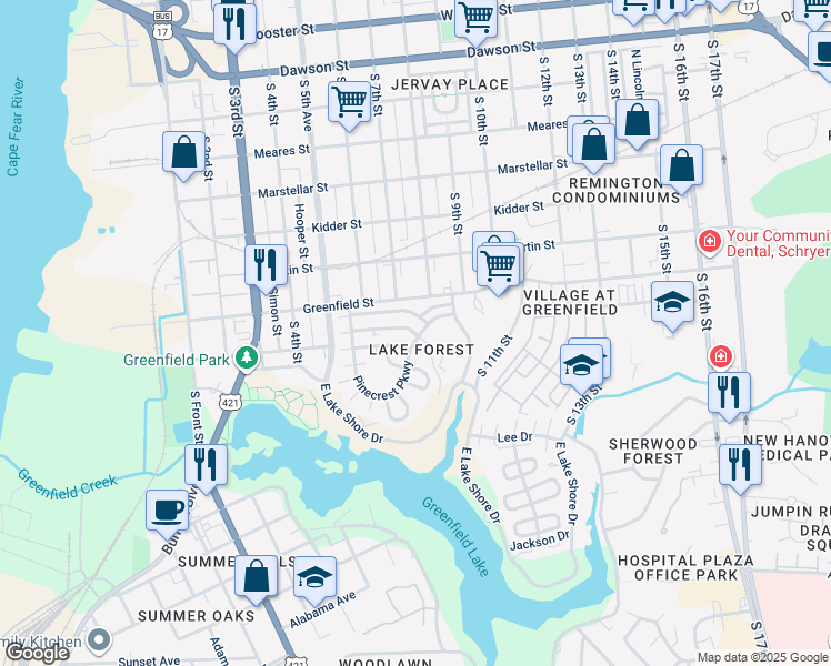 map of restaurants, bars, coffee shops, grocery stores, and more near 227 Pinecrest Parkway in Wilmington