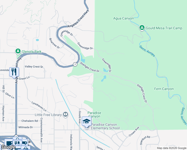 map of restaurants, bars, coffee shops, grocery stores, and more near 720 Starlight Heights Drive in La Cañada Flintridge