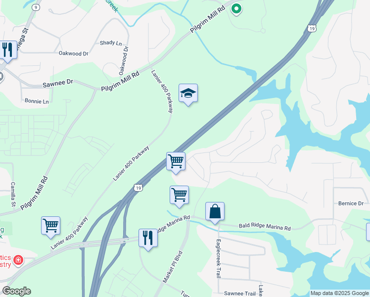 map of restaurants, bars, coffee shops, grocery stores, and more near Highway 400 in Cumming
