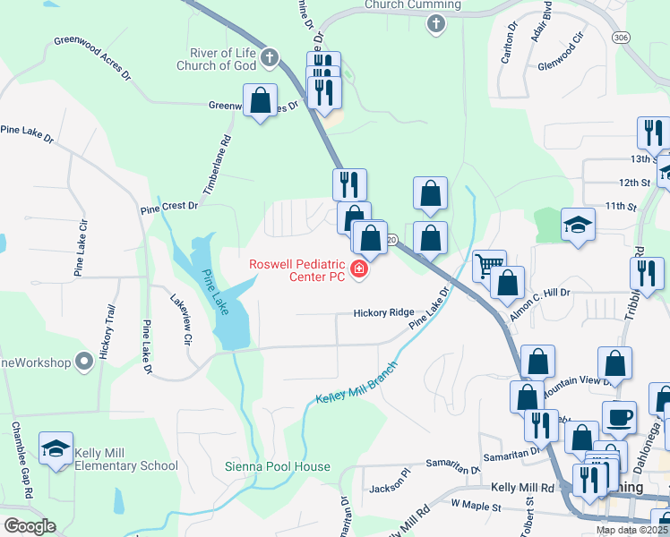 map of restaurants, bars, coffee shops, grocery stores, and more near 165 North Corners Parkway in Cumming