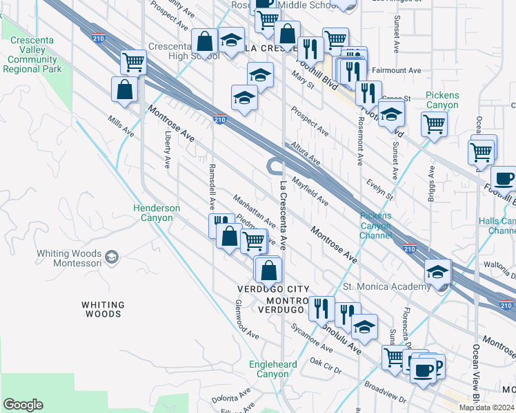 map of restaurants, bars, coffee shops, grocery stores, and more near 2755 Montrose Avenue in Glendale