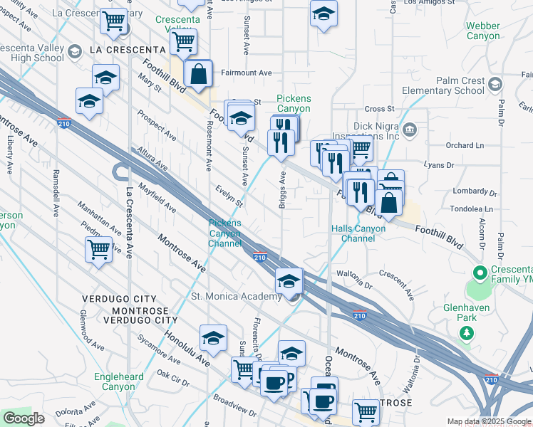 map of restaurants, bars, coffee shops, grocery stores, and more near 2424 Prospect Avenue in La Crescenta-Montrose