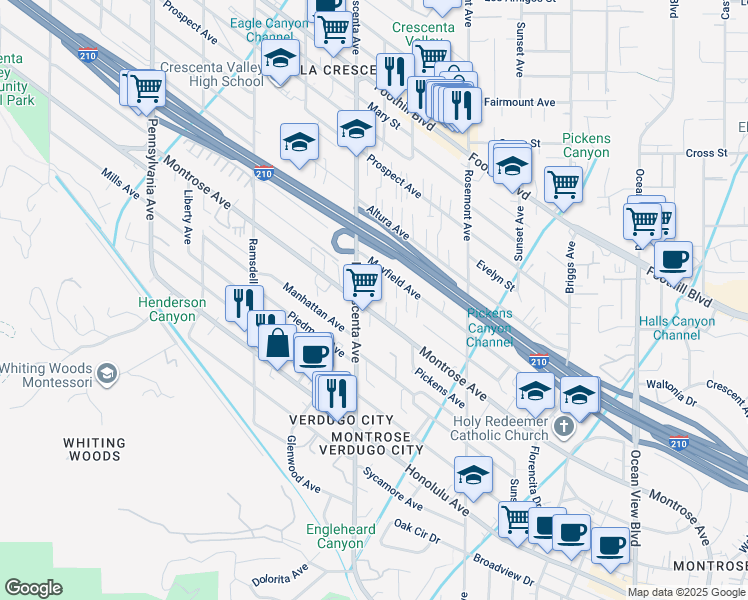 map of restaurants, bars, coffee shops, grocery stores, and more near 2740 Mayfield Avenue in La Crescenta-Montrose