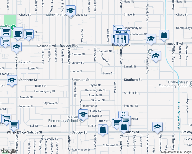 map of restaurants, bars, coffee shops, grocery stores, and more near 19512 Lorne Street in Los Angeles