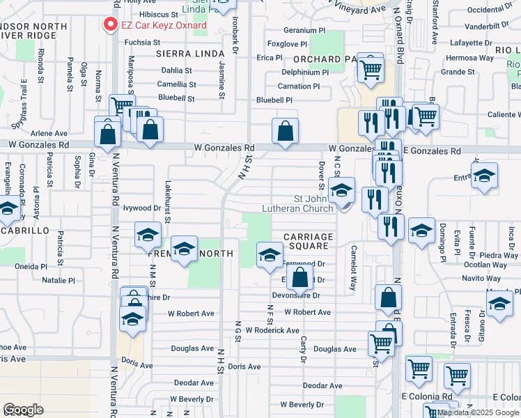 map of restaurants, bars, coffee shops, grocery stores, and more near 722 Janetwood Drive in Oxnard