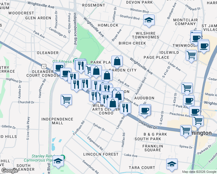 map of restaurants, bars, coffee shops, grocery stores, and more near 3802 Park Avenue in Wilmington