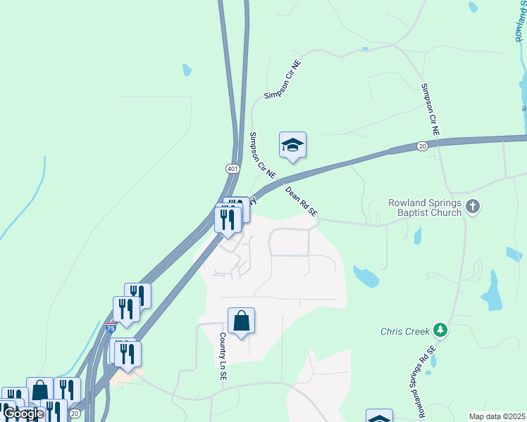 map of restaurants, bars, coffee shops, grocery stores, and more near Highway 20 Southeast in Cartersville