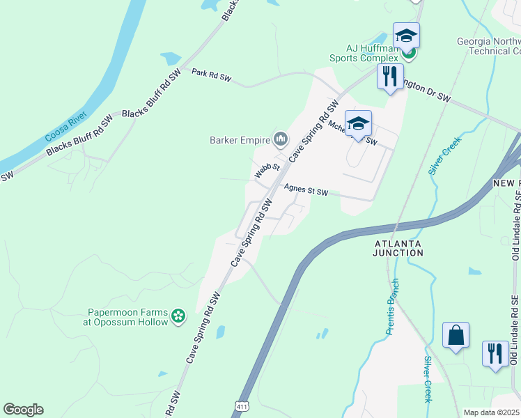 map of restaurants, bars, coffee shops, grocery stores, and more near 1404 Cave Spring Road Southwest in Rome