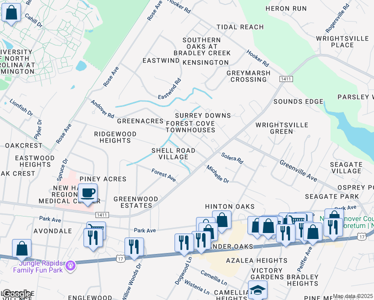 map of restaurants, bars, coffee shops, grocery stores, and more near 5614 Andover Road in Wilmington