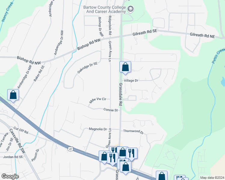 map of restaurants, bars, coffee shops, grocery stores, and more near 213 Green Acre Lane in Cartersville