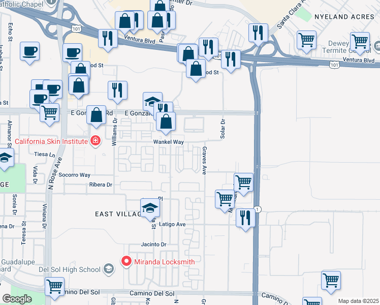 map of restaurants, bars, coffee shops, grocery stores, and more near 1750 Montevina Circle in Oxnard