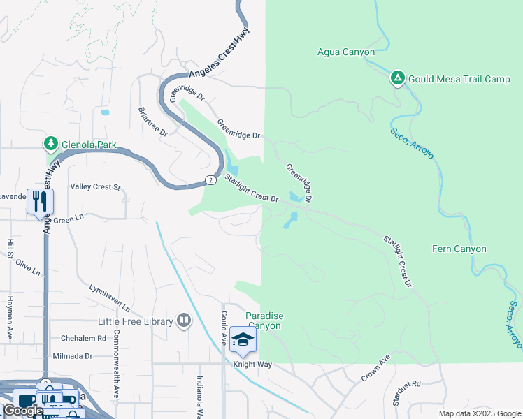 map of restaurants, bars, coffee shops, grocery stores, and more near 720 Starlight Heights Drive in La Cañada Flintridge