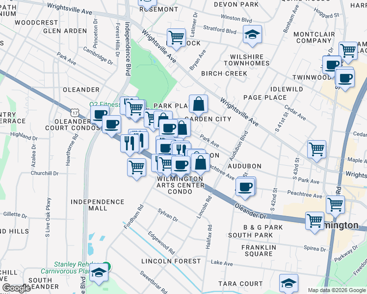 map of restaurants, bars, coffee shops, grocery stores, and more near 3802 Park Avenue in Wilmington