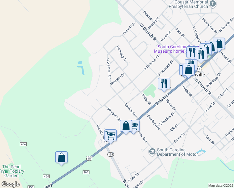 map of restaurants, bars, coffee shops, grocery stores, and more near 398 South Calhoun Street in Bishopville