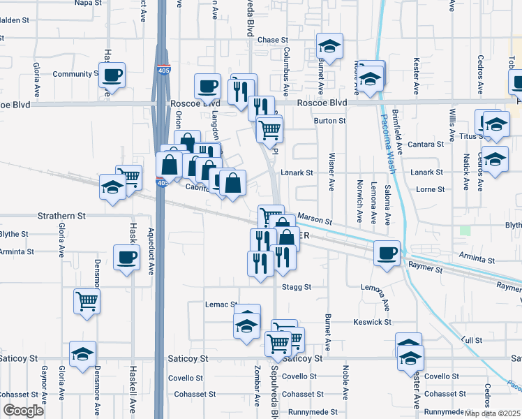 map of restaurants, bars, coffee shops, grocery stores, and more near 15313 Cabrito Road in Los Angeles