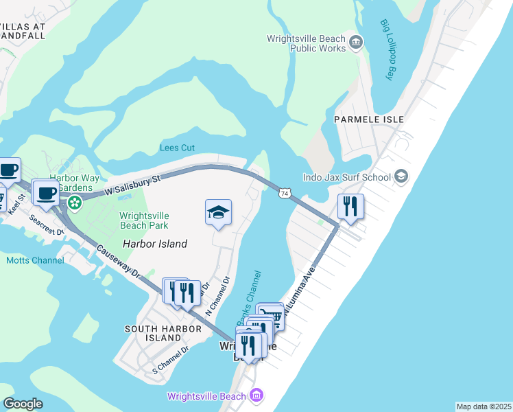 map of restaurants, bars, coffee shops, grocery stores, and more near 18 Lookout Harbor in Wrightsville Beach