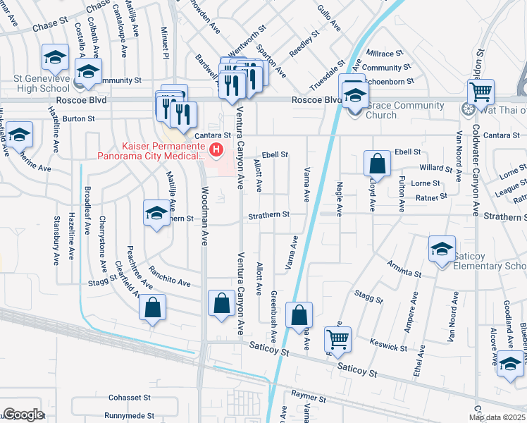 map of restaurants, bars, coffee shops, grocery stores, and more near 8025 Allott Avenue in Los Angeles