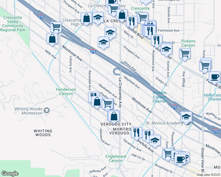 map of restaurants, bars, coffee shops, grocery stores, and more near 2745 Montrose Avenue in Glendale