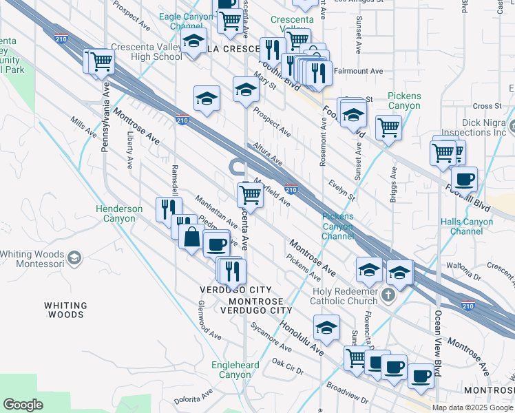 map of restaurants, bars, coffee shops, grocery stores, and more near 2745 Montrose Avenue in Glendale