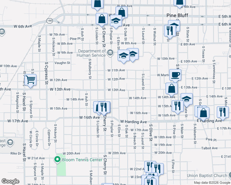 map of restaurants, bars, coffee shops, grocery stores, and more near 1213 South Elm Street in Pine Bluff
