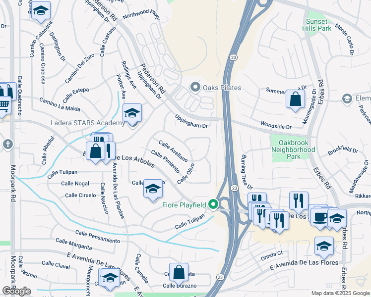 map of restaurants, bars, coffee shops, grocery stores, and more near 2709 Calle Olivo in Thousand Oaks