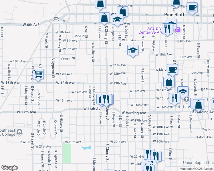 map of restaurants, bars, coffee shops, grocery stores, and more near 1326 South Cherry Street in Pine Bluff