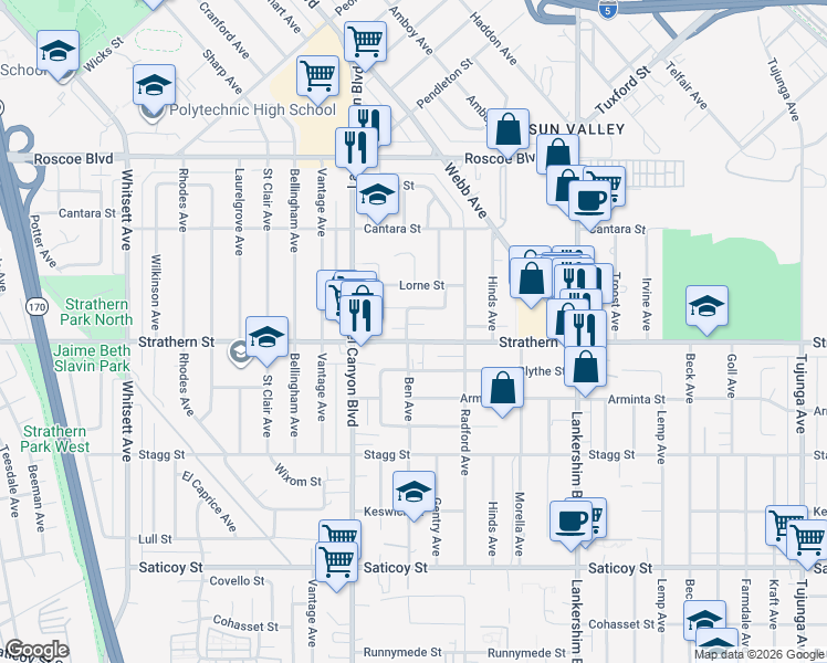 map of restaurants, bars, coffee shops, grocery stores, and more near 8006 Ben Avenue in Los Angeles